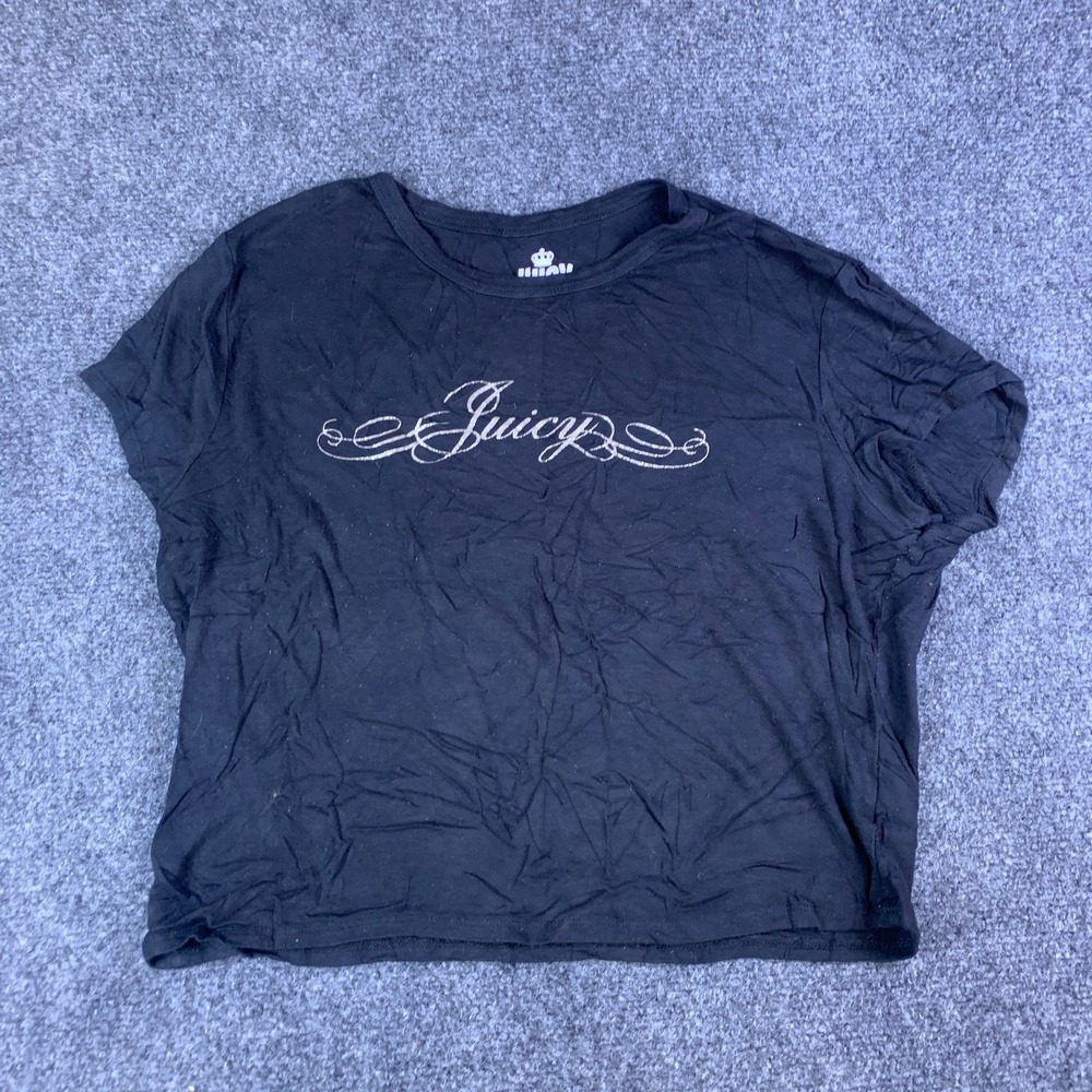 Juicy Couture T-Shirt Womens Large Black Stretch Short Sleeve Chest Glitter Logo